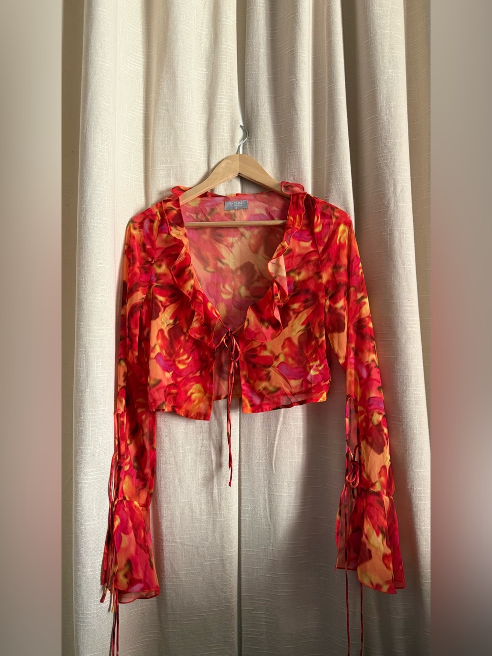 Sheer Floral Ruffle Tie-Front Crop Top - Red & Orange